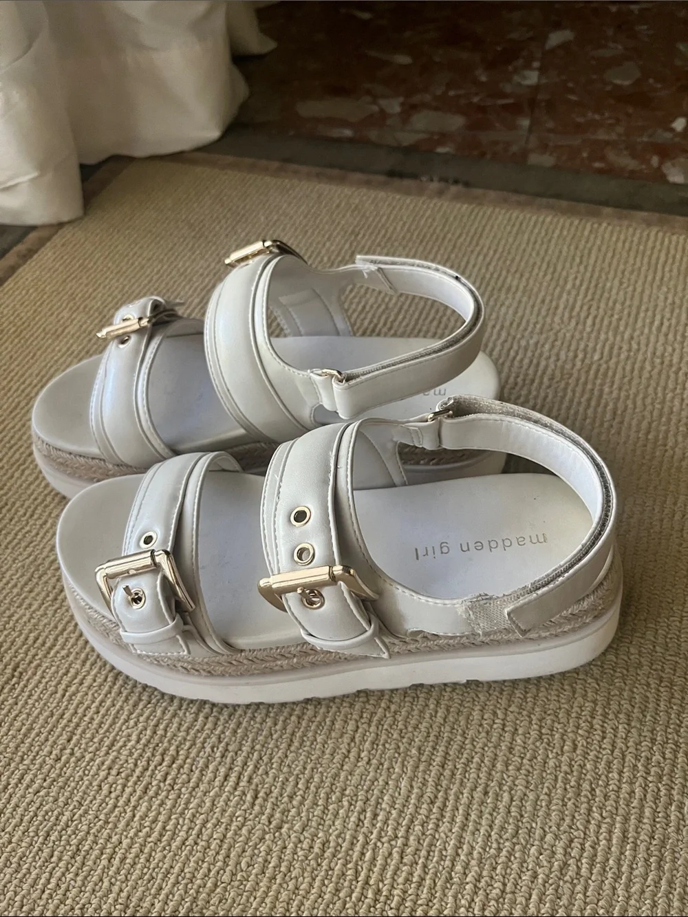 Steve Madden White Platform Espadrille Sandals with Gold Buckles
